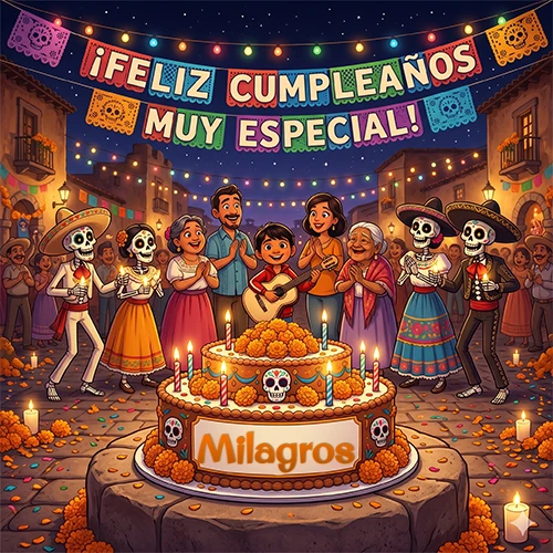 Familia y mariachis calaca celebrando un cumpleaños con una torta decorada y el nombre Milagros
