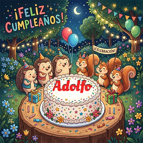 Adorables animales del bosque (erizos y ardillas) celebrando un cumpleaños alrededor de una torta con el nombre Adolfo
