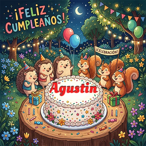 Adorables animales del bosque (erizos y ardillas) celebrando un cumpleaños alrededor de una torta con el nombre Agustin