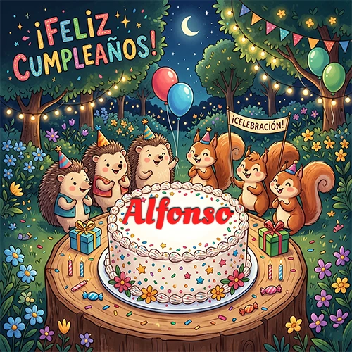 Adorables animales del bosque (erizos y ardillas) celebrando un cumpleaños alrededor de una torta con el nombre Alfonso