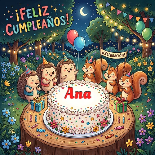 Adorables animales del bosque (erizos y ardillas) celebrando un cumpleaños alrededor de una torta con el nombre Ana