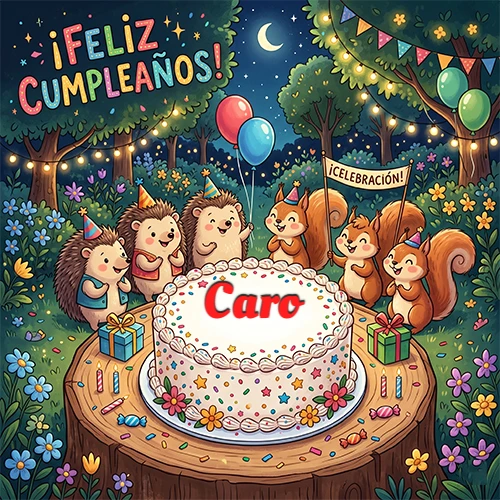 Adorables animales del bosque (erizos y ardillas) celebrando un cumpleaños alrededor de una torta con el nombre Caro