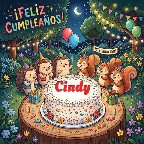 Adorables animales del bosque (erizos y ardillas) celebrando un cumpleaños alrededor de una torta con el nombre Cindy