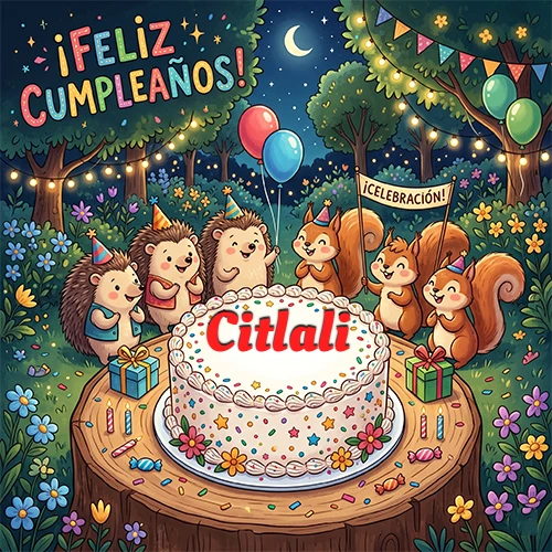 Adorables animales del bosque (erizos y ardillas) celebrando un cumpleaños alrededor de una torta con el nombre Citlali