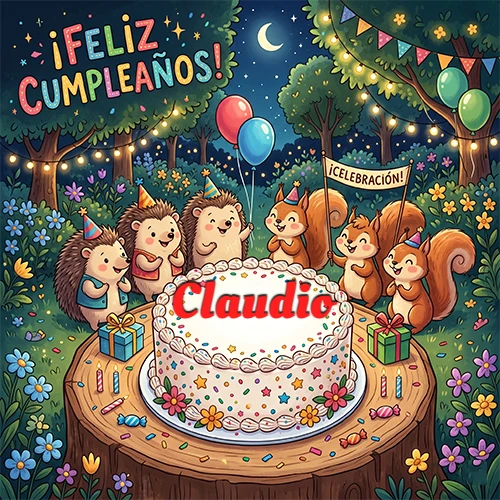 Adorables animales del bosque (erizos y ardillas) celebrando un cumpleaños alrededor de una torta con el nombre Claudio