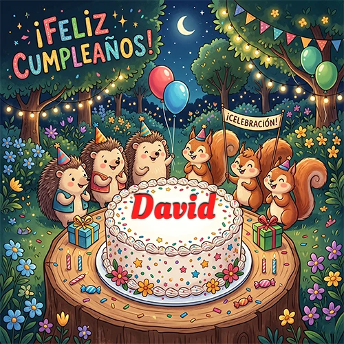 Adorables animales del bosque (erizos y ardillas) celebrando un cumpleaños alrededor de una torta con el nombre David