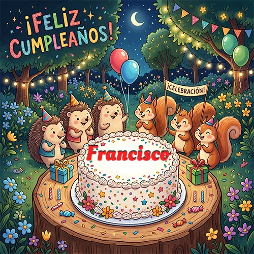 Adorables animales del bosque (erizos y ardillas) celebrando un cumpleaños alrededor de una torta con el nombre Francisco