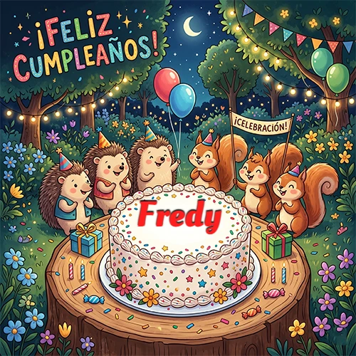 Adorables animales del bosque (erizos y ardillas) celebrando un cumpleaños alrededor de una torta con el nombre Fredy