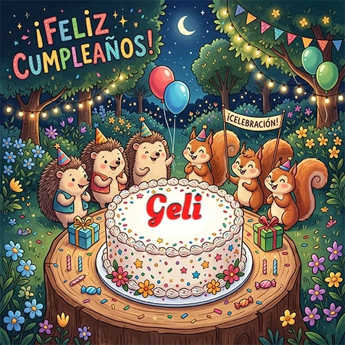 Adorables animales del bosque (erizos y ardillas) celebrando un cumpleaños alrededor de una torta con el nombre Geli