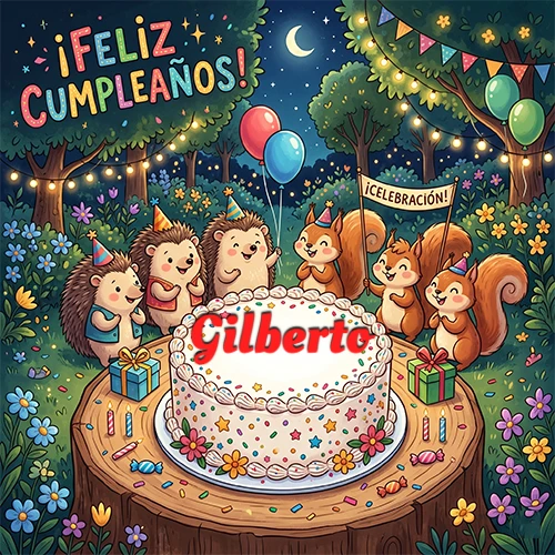 Adorables animales del bosque (erizos y ardillas) celebrando un cumpleaños alrededor de una torta con el nombre Gilberto