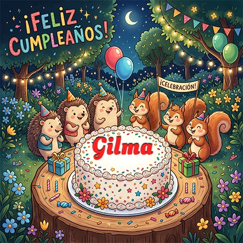 Adorables animales del bosque (erizos y ardillas) celebrando un cumpleaños alrededor de una torta con el nombre Gilma