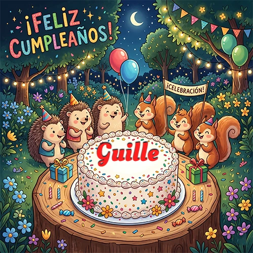 Adorables animales del bosque (erizos y ardillas) celebrando un cumpleaños alrededor de una torta con el nombre Guille