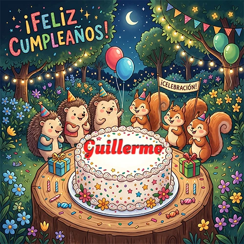 Adorables animales del bosque (erizos y ardillas) celebrando un cumpleaños alrededor de una torta con el nombre Guillermo