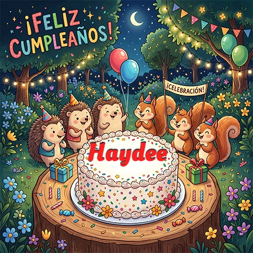 Adorables animales del bosque (erizos y ardillas) celebrando un cumpleaños alrededor de una torta con el nombre Haydee