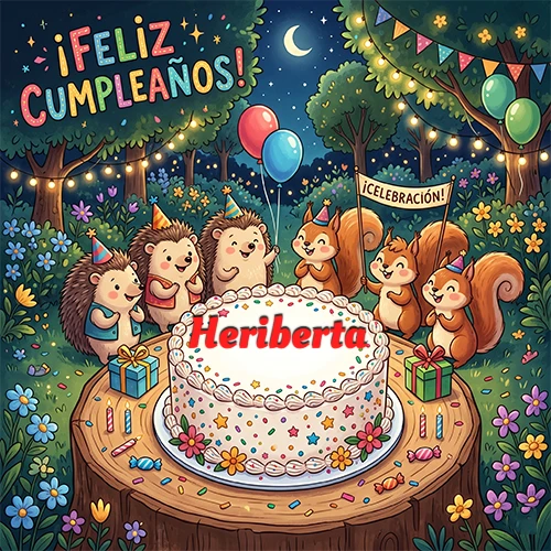 Adorables animales del bosque (erizos y ardillas) celebrando un cumpleaños alrededor de una torta con el nombre Heriberta