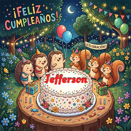 Adorables animales del bosque (erizos y ardillas) celebrando un cumpleaños alrededor de una torta con el nombre Jefferson