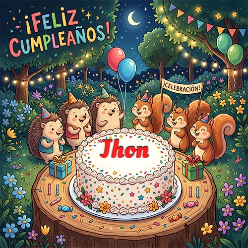 Adorables animales del bosque (erizos y ardillas) celebrando un cumpleaños alrededor de una torta con el nombre Jhon