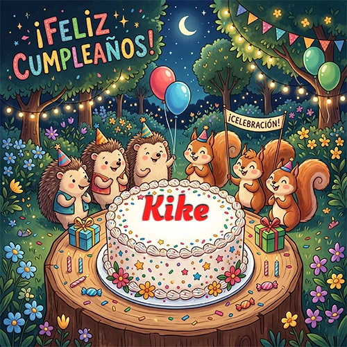 Adorables animales del bosque (erizos y ardillas) celebrando un cumpleaños alrededor de una torta con el nombre Kike