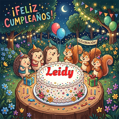 Adorables animales del bosque (erizos y ardillas) celebrando un cumpleaños alrededor de una torta con el nombre Leidy