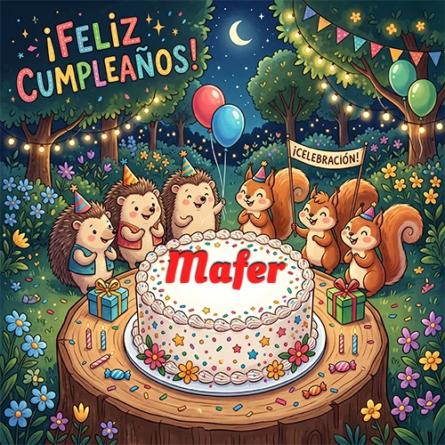 Adorables animales del bosque (erizos y ardillas) celebrando un cumpleaños alrededor de una torta con el nombre Mafer