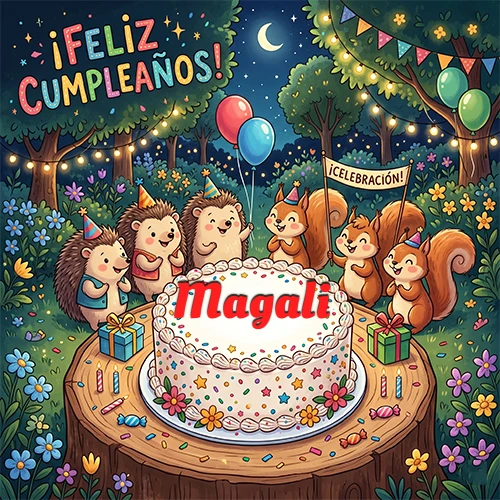Adorables animales del bosque (erizos y ardillas) celebrando un cumpleaños alrededor de una torta con el nombre Magali