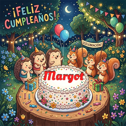 Adorables animales del bosque (erizos y ardillas) celebrando un cumpleaños alrededor de una torta con el nombre Margot