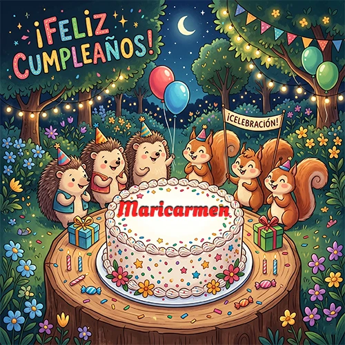 Adorables animales del bosque (erizos y ardillas) celebrando un cumpleaños alrededor de una torta con el nombre Maricarmen