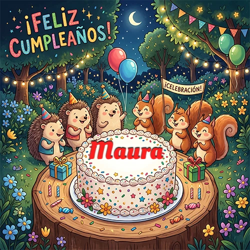 Adorables animales del bosque (erizos y ardillas) celebrando un cumpleaños alrededor de una torta con el nombre Maura