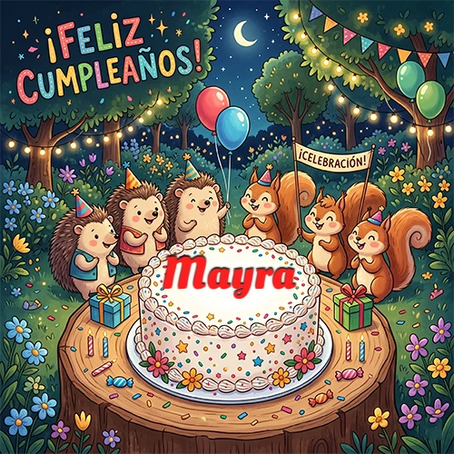 Adorables animales del bosque (erizos y ardillas) celebrando un cumpleaños alrededor de una torta con el nombre Mayra