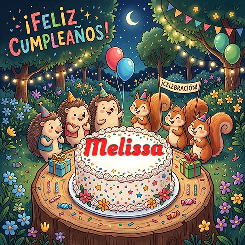 Adorables animales del bosque (erizos y ardillas) celebrando un cumpleaños alrededor de una torta con el nombre Melissa