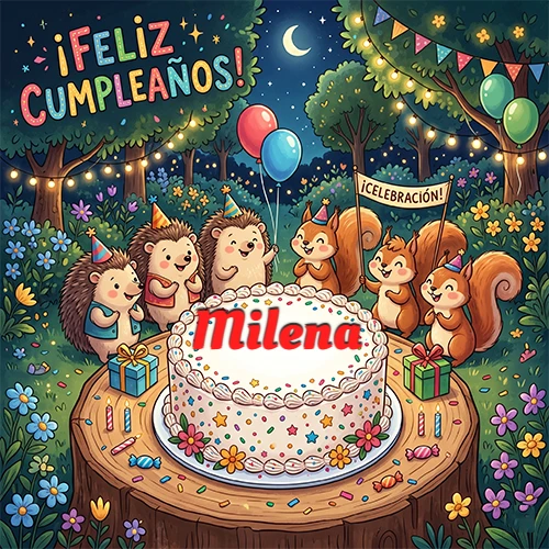 Adorables animales del bosque (erizos y ardillas) celebrando un cumpleaños alrededor de una torta con el nombre Milena