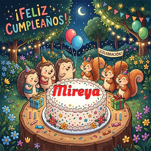 Adorables animales del bosque (erizos y ardillas) celebrando un cumpleaños alrededor de una torta con el nombre Mireya