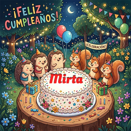 Adorables animales del bosque (erizos y ardillas) celebrando un cumpleaños alrededor de una torta con el nombre Mirta