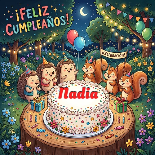 Adorables animales del bosque (erizos y ardillas) celebrando un cumpleaños alrededor de una torta con el nombre Nadia