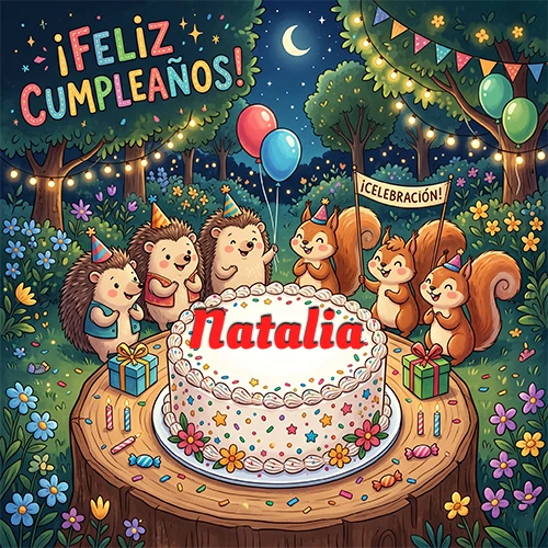 Adorables animales del bosque (erizos y ardillas) celebrando un cumpleaños alrededor de una torta con el nombre Natalia