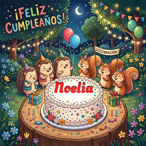 Adorables animales del bosque (erizos y ardillas) celebrando un cumpleaños alrededor de una torta con el nombre Noelia
