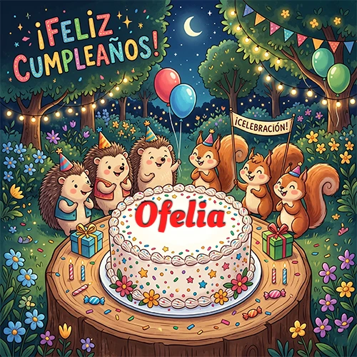 Adorables animales del bosque (erizos y ardillas) celebrando un cumpleaños alrededor de una torta con el nombre Ofelia