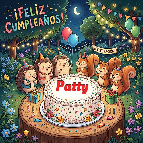 Adorables animales del bosque (erizos y ardillas) celebrando un cumpleaños alrededor de una torta con el nombre Patty