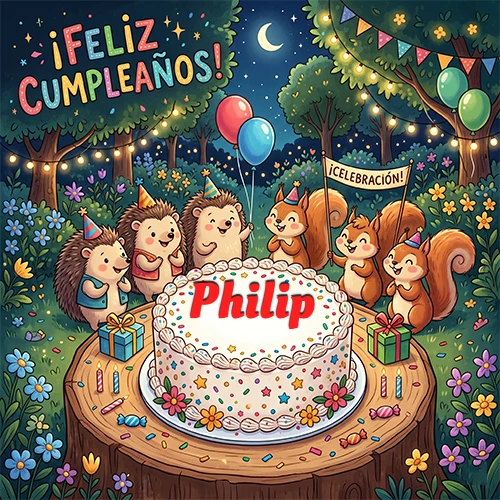 Adorables animales del bosque (erizos y ardillas) celebrando un cumpleaños alrededor de una torta con el nombre Philip