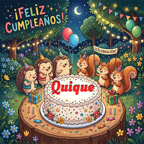 Adorables animales del bosque (erizos y ardillas) celebrando un cumpleaños alrededor de una torta con el nombre Quique