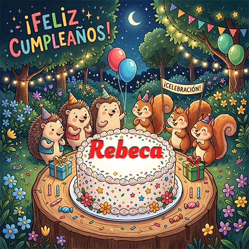 Adorables animales del bosque (erizos y ardillas) celebrando un cumpleaños alrededor de una torta con el nombre Rebeca