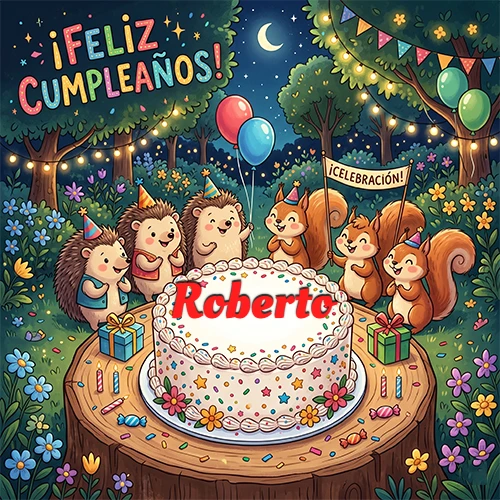 Adorables animales del bosque (erizos y ardillas) celebrando un cumpleaños alrededor de una torta con el nombre Roberto