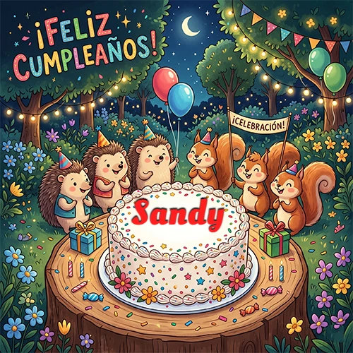 Adorables animales del bosque (erizos y ardillas) celebrando un cumpleaños alrededor de una torta con el nombre Sandy