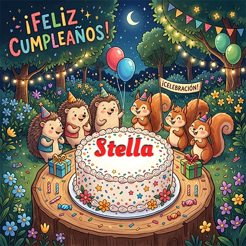 Adorables animales del bosque (erizos y ardillas) celebrando un cumpleaños alrededor de una torta con el nombre Stella