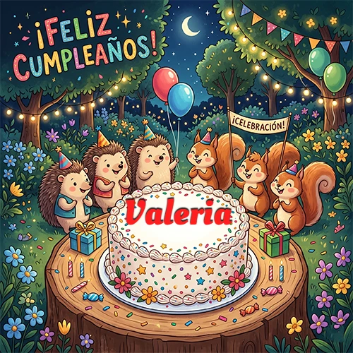 Adorables animales del bosque (erizos y ardillas) celebrando un cumpleaños alrededor de una torta con el nombre Valeria