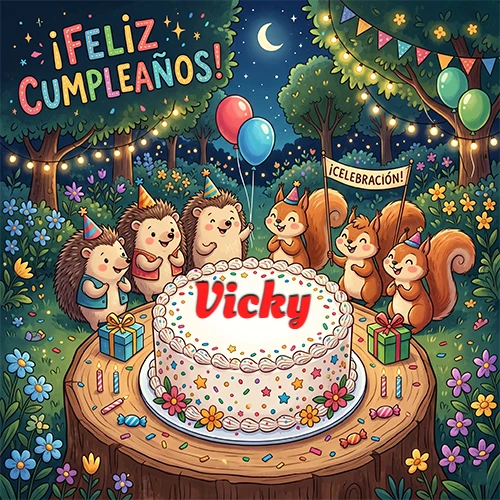 Adorables animales del bosque (erizos y ardillas) celebrando un cumpleaños alrededor de una torta con el nombre Vicky