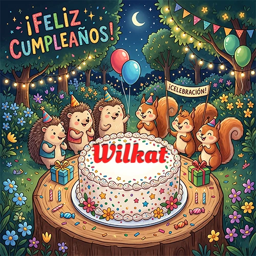 Adorables animales del bosque (erizos y ardillas) celebrando un cumpleaños alrededor de una torta con el nombre Wilkat
