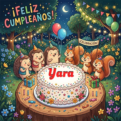 Adorables animales del bosque (erizos y ardillas) celebrando un cumpleaños alrededor de una torta con el nombre Yara
