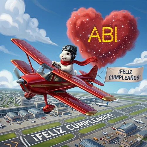 Un conejo piloto en un avión rojo con un cartel de feliz cumpleaños y el nombre Abi en un corazón de nubes