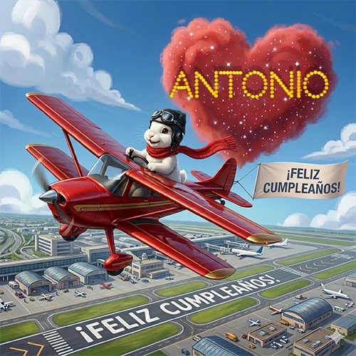 Un conejo piloto en un avión rojo con un cartel de feliz cumpleaños y el nombre Antonio en un corazón de nubes